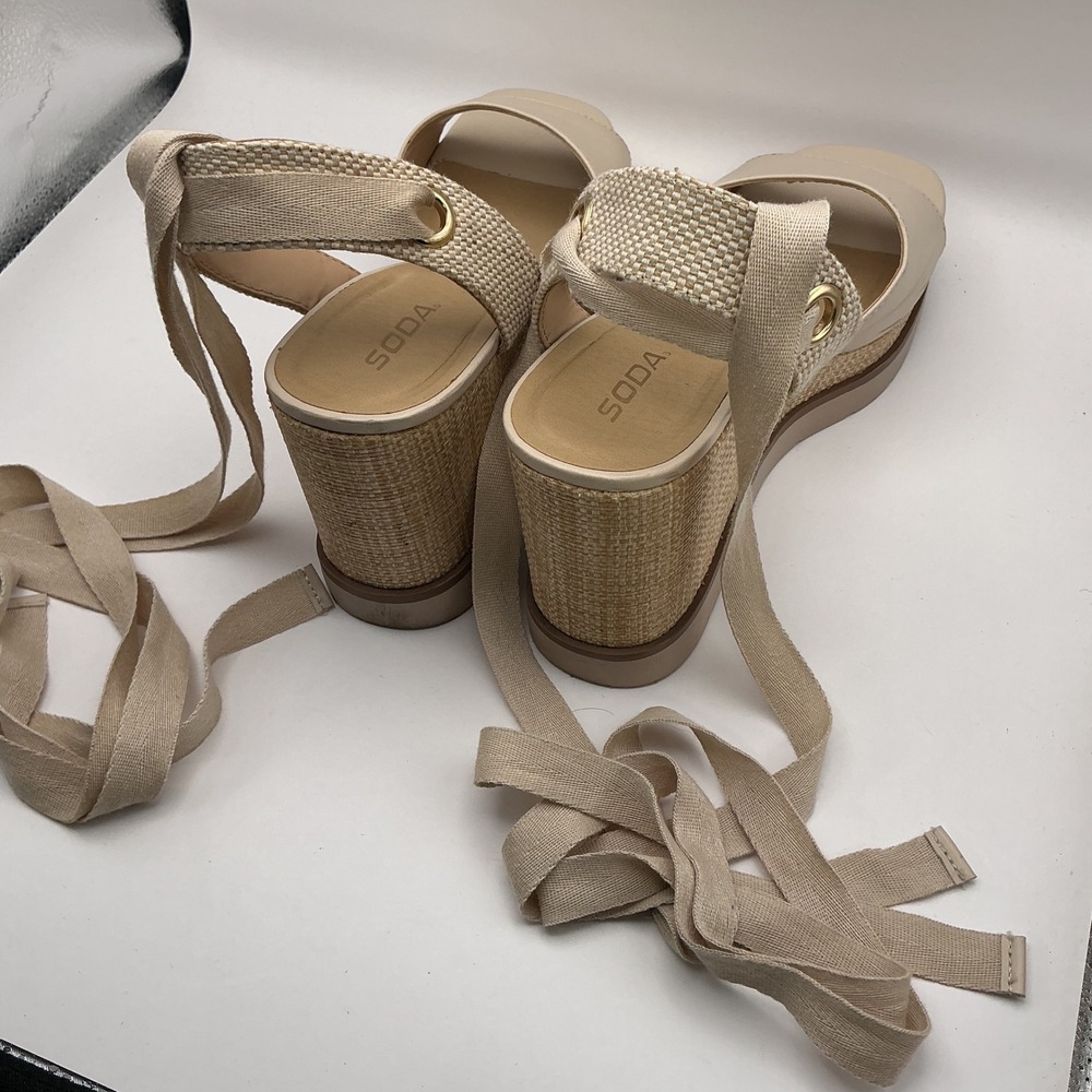 Soda Womens Cream Ankle Tie Platform Wedge Sandals Woven Raffia Size 10 - Picture 4 of 16